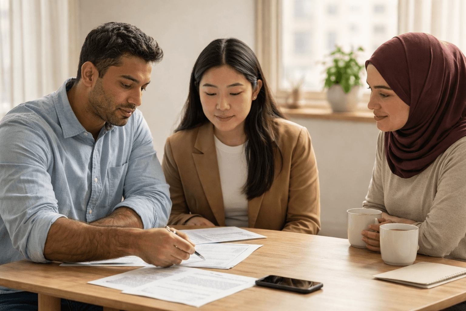 Three people reviewing immigration documents together